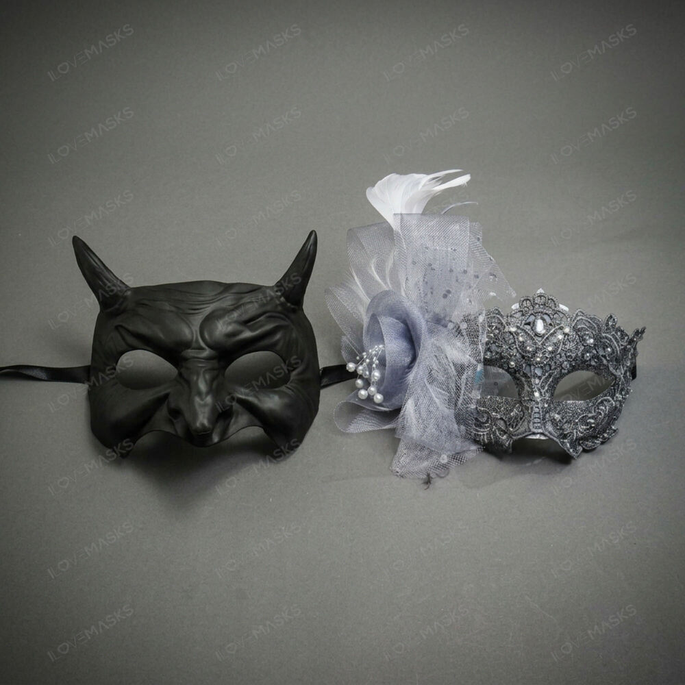 Black Horned Demon Mask & Silver Lace Feather Masquerade Couple Mask Set
